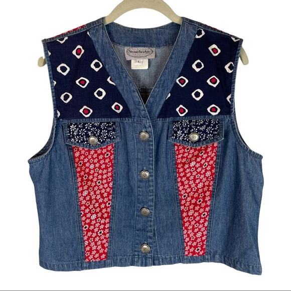 Vintage patchwork patriotic red white blue chambray button front vest - Picture 1 of 7